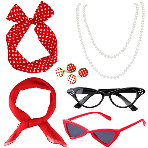 Beelittle 50's Women Costume Accessories Set Bufanda de Gasa Polka Dot Bandana Tie Diadema Pendientes Retro Cat Eye Eglasses Collar de Perla (Rojo)