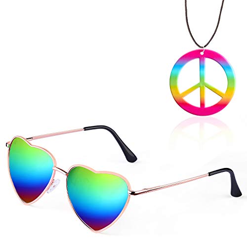 Beelittle Conjunto de Accesorios de aderezo Hippie Gafas de Sol en Forma de corazón Marco de Metal Fino Estilo de corazón y Signo de la Paz Collar (Arco Iris)