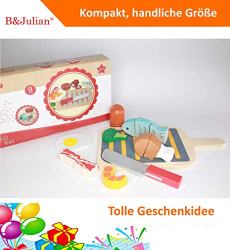 B&Julian Juego de barbacoa de parrilla de juguete de corte de madera de colores en 14 piezas para niños de 3 juguetes de cocina