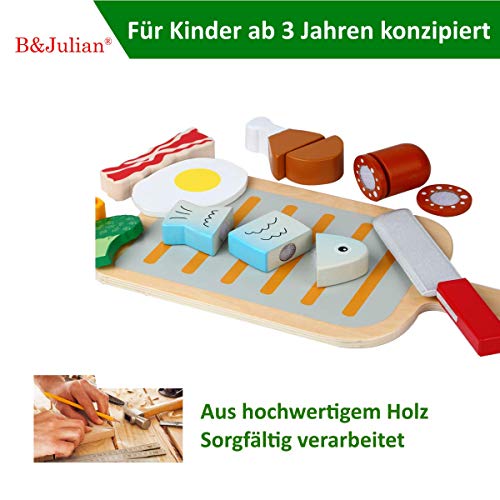 B&Julian Juego de barbacoa de parrilla de juguete de corte de madera de colores en 14 piezas para niños de 3 juguetes de cocina