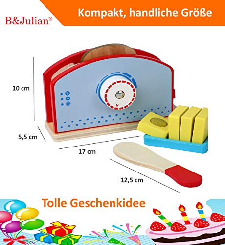 B&Julian® - Tostadora de madera para cocina infantil, con discos de pan, cuchillo de madera, accesorios de 9 piezas, juguete de cocina, juego de juguetes de desayuno, cocina de juguete para niños