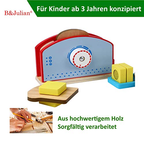 B&Julian® - Tostadora de madera para cocina infantil, con discos de pan, cuchillo de madera, accesorios de 9 piezas, juguete de cocina, juego de juguetes de desayuno, cocina de juguete para niños
