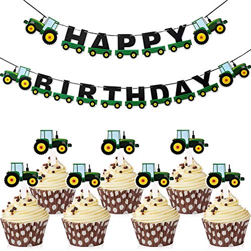 Blulu Decoraciones Fiestas Tema de Tractor de Granja Verde, Incluyes Bandera Happy Birthday de Tractor Verde y 28 Toppers Magdalena de Tractor Verde Granja para Suministros Fiesta Tema de Granja