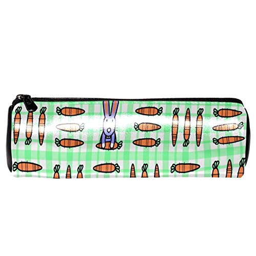 Bolsa de cuero con cremallera para bolígrafos, organizador de papelería, multifunción, bolsa de maquillaje, conejo, amor, zanahorias