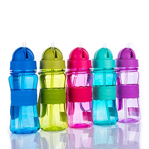 Botella de Agua Niños y Niñas Sin BPA Botella de Agua Deporte con Pajita y Correa para Infantil, Escuela, Corrida, Senderismo y Actividades al Aire (Azul Claro)