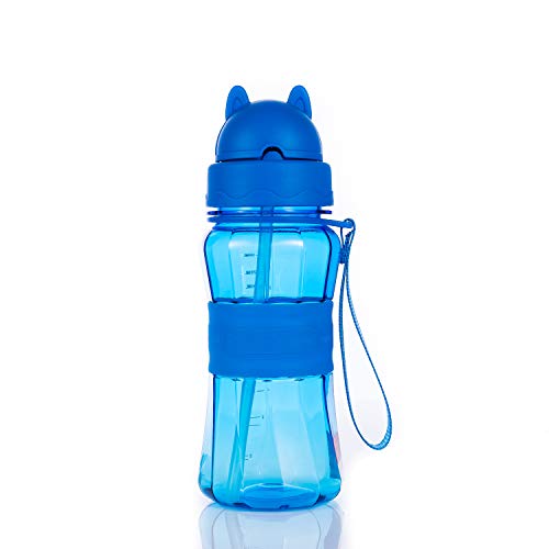 Botella de Agua Niños y Niñas Sin BPA Tritan Botella de Agua Deporte con Pajita y Correa para Infantil, Escuela, Corrida, Senderismo y Actividades al Aire (Azul-1)