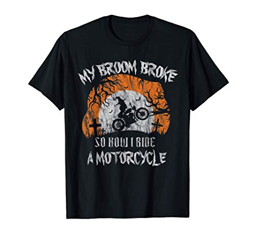 Bruja y motocicleta en lugar de escoba Halloween damas niñas Camiseta