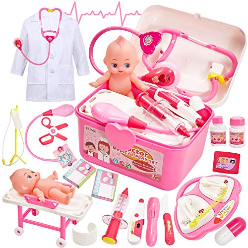 Buyger Maletin Medicos Juguete Botiquin Doctora Disfraz Kit Enfermera Accesorios con Luces y Sonidos Juegos de rol para Niños Niña 3 Años (Rosa)