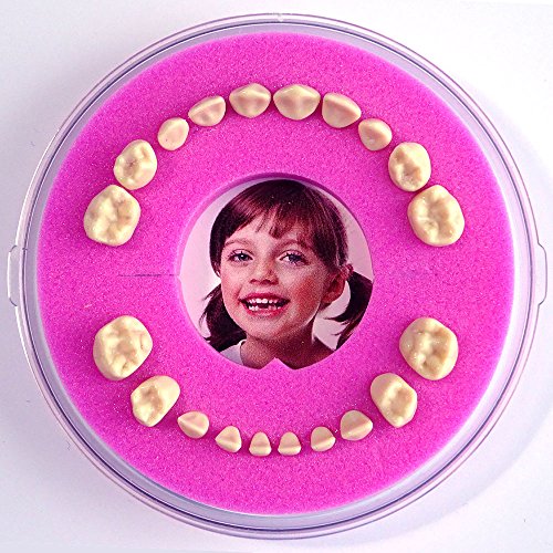 Caja de dientes de Leche > Firsty Round Magnetic < (rosa, chica, cumpleaños ) con texto en Espagnol, con Imán de nevera.
