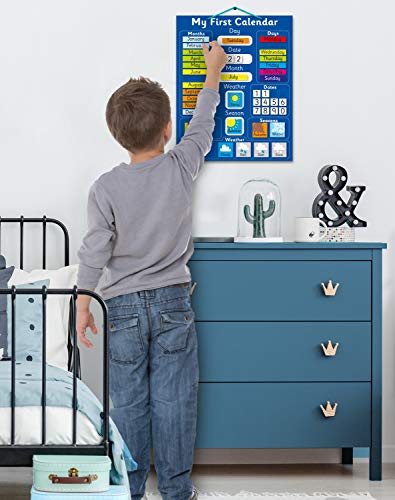 Calendario magnético azul para aprender inglés, color azul Pizarra rígida de 40 x 32 cm con sistema de suspensión.