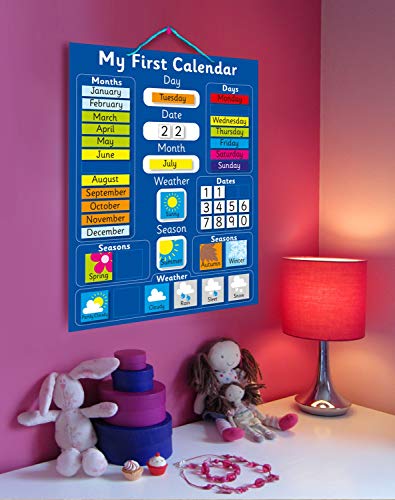 Calendario magnético azul para aprender inglés, color azul Pizarra rígida de 40 x 32 cm con sistema de suspensión.