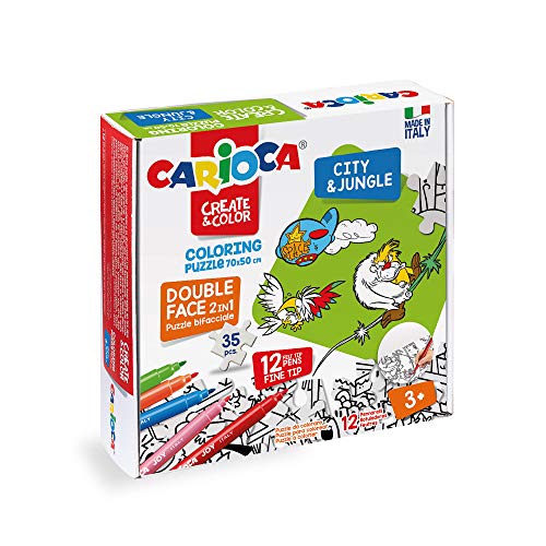 Carioca Coloring Puzzle City Jungle - 43046 - Kit 2 Puzzles para Colorear con 12 Rotuladores Superlavables, Dibujo Ciudad y Jungla
