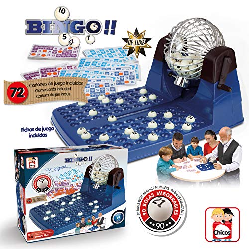 Chicos Bingo Lotería automática XXXL con 72 cartones y 90 Bolas imborrables, 30 x 42 x 23 cm, Incluye fichas de Juego, (Fábrica de Juguetes 20905)