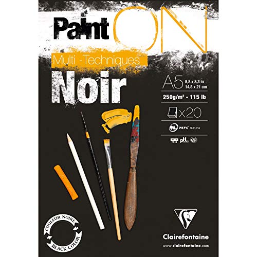 Clairefontaine 975168C Paint'On - Papel de dibujo (20 hojas, 14,8x21 cm, 250 g), color negro