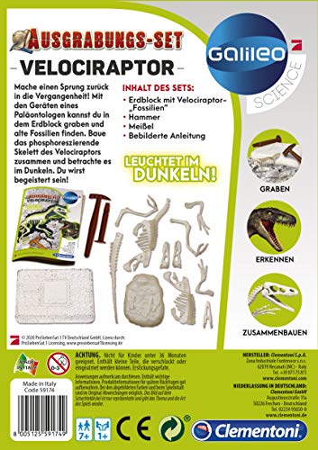Clementoni Galileo Science 59174 - Kit de excavación Velociraptor, Juguete para niños a Partir de 7 años, excavación de cossillos Dinosaurio con Martillo y cincel para pequeños investigadores