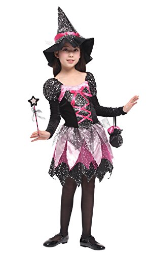 Cloudkids Disfraz de Bruja para Niñas Infantil con Sombrero de Bruja Hechicera- Niña - Disfraz - Carnaval - Halloween - Cosplay - Accesorios - Talla M,3 a 4 años