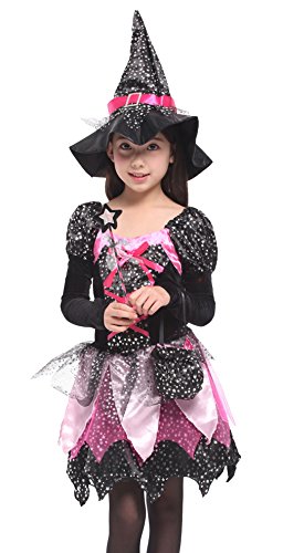 Cloudkids Disfraz de Bruja para Niñas Infantil con Sombrero de Bruja Hechicera- Niña - Disfraz - Carnaval - Halloween - Cosplay - Accesorios - Talla M,3 a 4 años