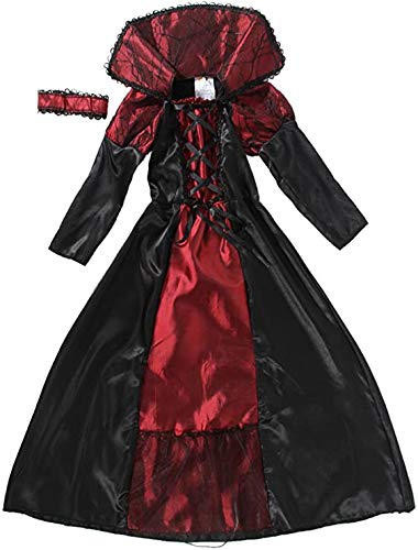 Cloudkids Disfraz Vampiresa de Niña 4-6 Años, Halloween Disfraz de Vampiro Niña Chica, Talla M, Color Rojo y Negro