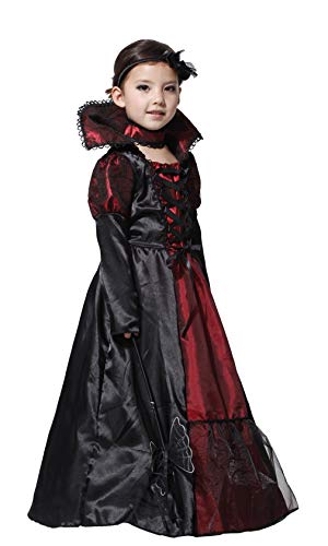 Cloudkids Disfraz Vampiresa de Niña 4-6 Años, Halloween Disfraz de Vampiro Niña Chica, Talla M, Color Rojo y Negro