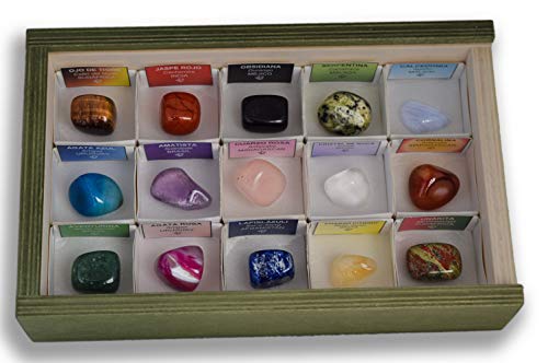 Colección de 15 Gemas de Piedras Semipreciosas en Caja de Madera Natural - Minerales rodados y pulidos con Etiqueta informativa a Color. Pack de rodados para Reiki, meditación, coleccionismo.