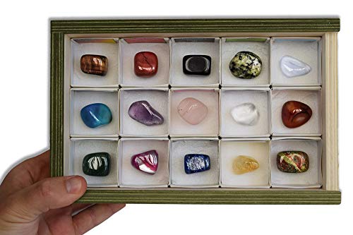 Colección de 15 Gemas de Piedras Semipreciosas en Caja de Madera Natural - Minerales rodados y pulidos con Etiqueta informativa a Color. Pack de rodados para Reiki, meditación, coleccionismo.
