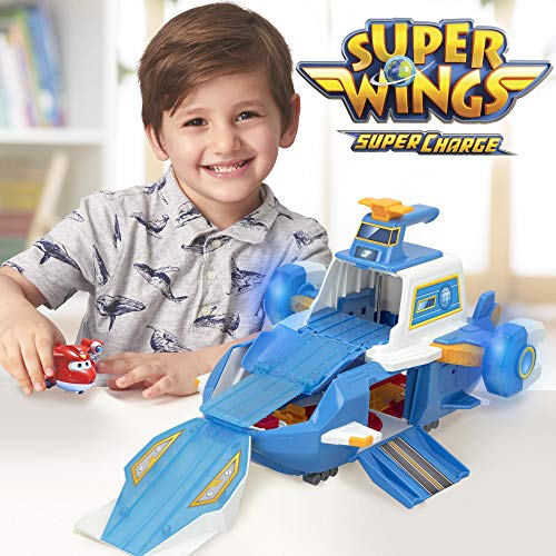 ColorBaby Super Wings - Portaviones Mundial con luz, Sonido y con Figura Jet Super Wings transformable en Robot y avión, Juguetes transformables, Juguetes educativos, Juguetes niños 3 años