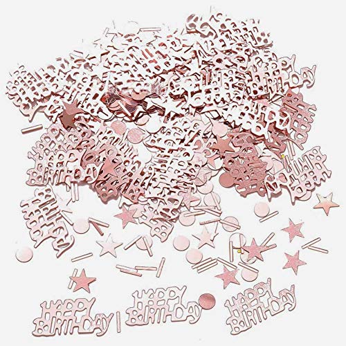 Confeti de Cumpleaños,45 Gramos Oro Rosa Confeti Decoración para Mesa de Cumpleaños Confeti para Fiesta de Cumpleaños(Feliz Cumpleaños+Estrellas+Puntos Redondos+Tiras Largas)