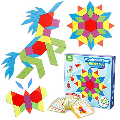 Coogam 160 Piezas Bloques de Patrones de Madera Juego de Forma geométrica de manipulación Manipulative - GráficosTangram Juguetes Regalo de Regalo de Stem para niños con 24 Piezas Tarjetas de diseño