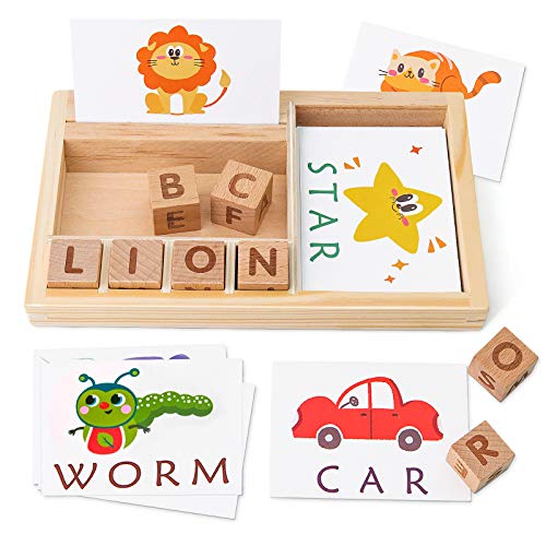 Coogam Juegos de ortografía, Juego de Letras de Madera con Tarjetas de Vocabulario, alfabetos ABC Aprendizaje Educativo Montessori Regalo para niños 3 4 5 años