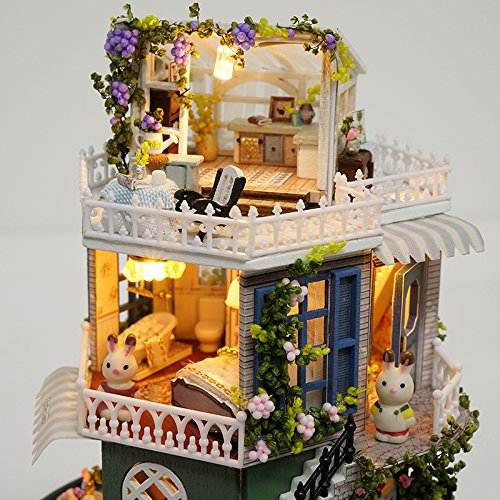 CUTEBEE Miniatura de la casa de muñecas con Muebles, Equipo de casa de muñecas de Madera DIY, más Resistente al Polvo y el Movimiento de música