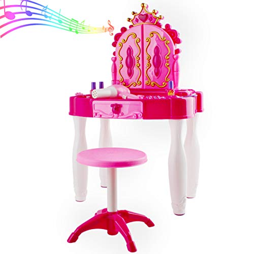 deAO Centro de Belleza Mesita Glamurosa Infantil Tocador de Maquillaje con Espejo, Taburete y Accesorios Incluidos Luces y Sonidos