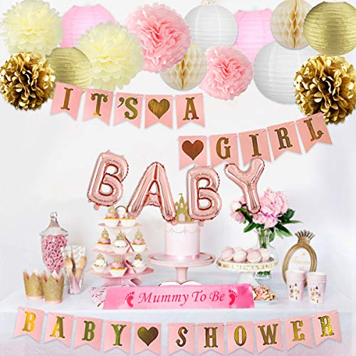 Decoraciones de baby shower para niña Rosa Bandera, Momia para ser marco, Globos de papel de carta y decoraciones de papel de seda