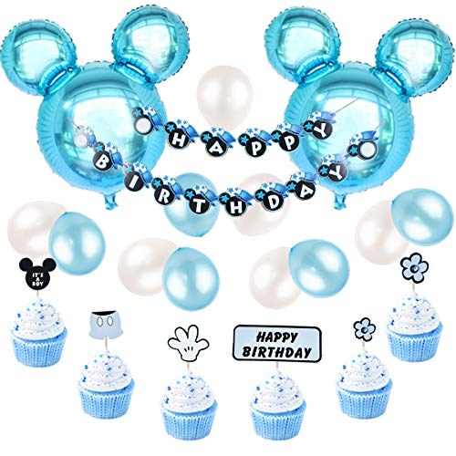 Decoraciones de cumpleaños de Mickey Mouse, azul para niños, pancarta de feliz cumpleaños y Mickey Cupcake Toppers para el primer cumpleaños, Baby Shower