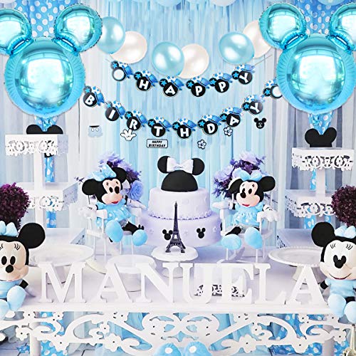 Decoraciones de cumpleaños de Mickey Mouse, azul para niños, pancarta de feliz cumpleaños y Mickey Cupcake Toppers para el primer cumpleaños, Baby Shower