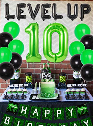 Decoraciones de videojuego para el décimo cumpleaños para niño Gamer, globo de 10 niveles para juego de juego negro y verde en suministros de fiesta de cumpleaños
