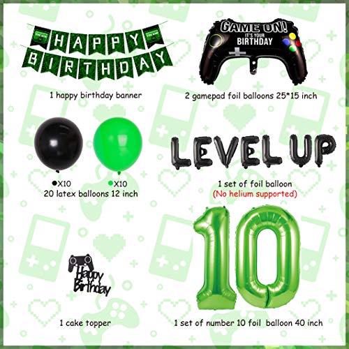 Decoraciones de videojuego para el décimo cumpleaños para niño Gamer, globo de 10 niveles para juego de juego negro y verde en suministros de fiesta de cumpleaños
