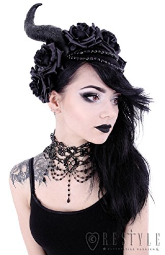 Diadema gótica para el cabello con Flores y Cuernos de Restyle - Negro (Talla Única)