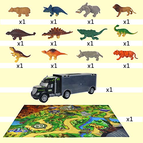 Dinosaurios Juguetes de Coches Camión Transporte con Tapete de Juego 12 Piezas Dinosaurios Animales Figuras Almacenamiento Juguetes Educativos para Niños Niñas 3 4 5 Años