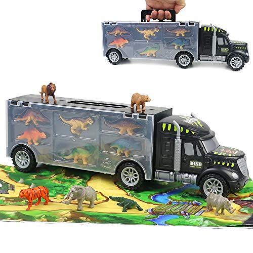 Dinosaurios Juguetes de Coches Camión Transporte con Tapete de Juego 12 Piezas Dinosaurios Animales Figuras Almacenamiento Juguetes Educativos para Niños Niñas 3 4 5 Años