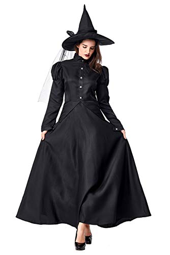 Disfraz de Bruja Malvada para Mujer Bruja Fantasmagorica Disfraz Conjunto de Mangas Largas Negro con Sombrero,M