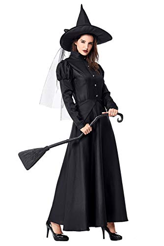 Disfraz de Bruja Malvada para Mujer Bruja Fantasmagorica Disfraz Conjunto de Mangas Largas Negro con Sombrero,M