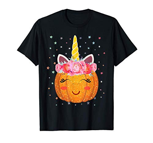 Disfraz de Halloween floral de cara de calabaza de Unicornio Camiseta