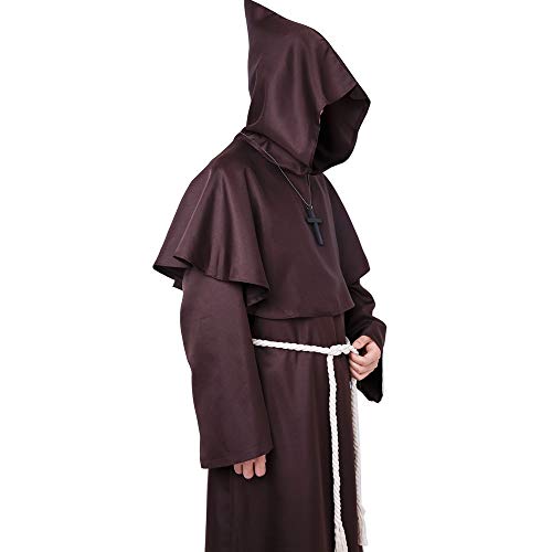 Disfraz de Monje Sacerdote Túnica Medieval Renacimiento Traje con Cruz para Halloween Carnaval (XL, Marrón)