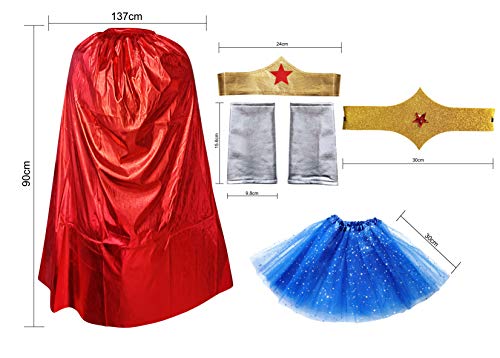Disfraz Superhéroe Poder Niña Mujer,Conjunto Falda Tutú con Estrella, Capa, Pulseras Cinturón y Tocado (Pack Rojo Superwoman)