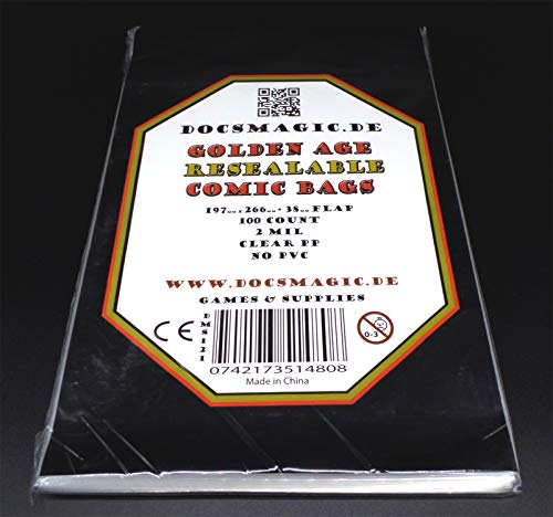 docsmagic.de 100 Resealable Golden Age Size Comic Bags 197 x 266 - 2 Mil - Auto-Adhesivas Bolsas Protectoras