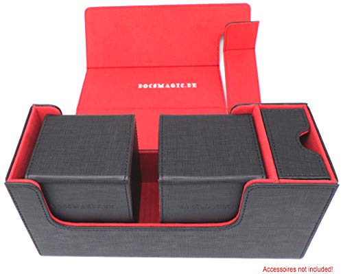 docsmagic.de Premium Magnetic Tray Long Box Black/Red Small - Card Deck Storage - Caja de Almacenaje Negra/Roja