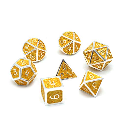 DollaTek Juego de Dados poliédricos de Metal de 7 Piezas con Bolsa de Almacenamiento Negra para Juegos de rol Dungeons and Dragons D&D Math Teaching (Shiny Yellow)