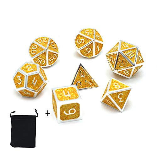 DollaTek Juego de Dados poliédricos de Metal de 7 Piezas con Bolsa de Almacenamiento Negra para Juegos de rol Dungeons and Dragons D&D Math Teaching (Shiny Yellow)