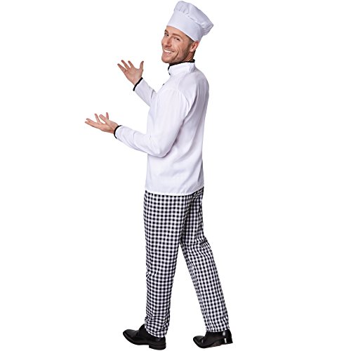 dressforfun Disfraz de Cocinero Famoso para Hombre | Chaqueta de Chef Bien trabajada | Pantalones de Cuadros a Juego | Incl. Gorro de Cocinero (XXL | no. 301542)