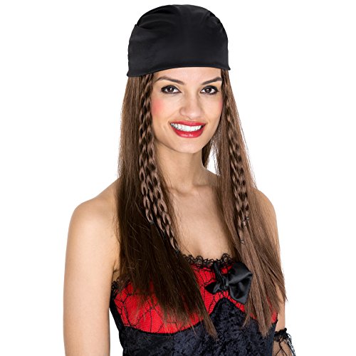dressforfun Peluca de Novia Pirata para Mujer | Bonitas Rastas Negras y un Pañuelo